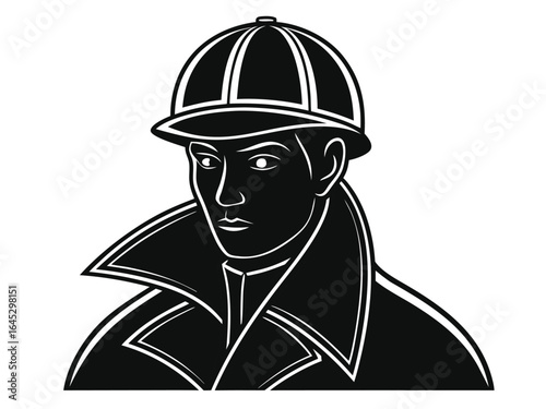 Sherlock Holmes silhouette, iconic detective figure with deerstalker hat and pipe, perfect for mystery themes, crime stories, detective branding, classic literature projects, and vintage designs.