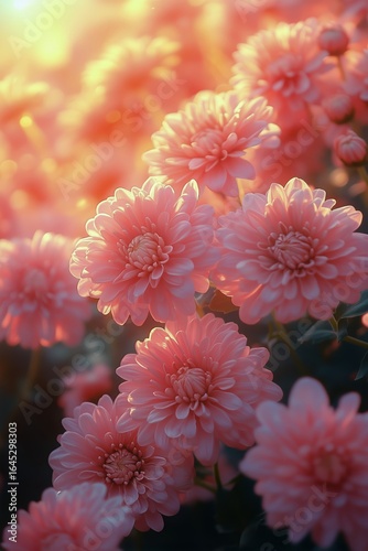 Beautiful Pink Flowers Bloom in Soft Sunlight During Early Morning Hours