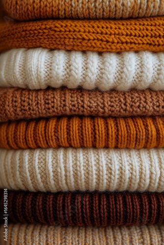 Cozy Knitted Sweaters Arranged in Warm Autumn Colors Stacked Neatly on a Table.