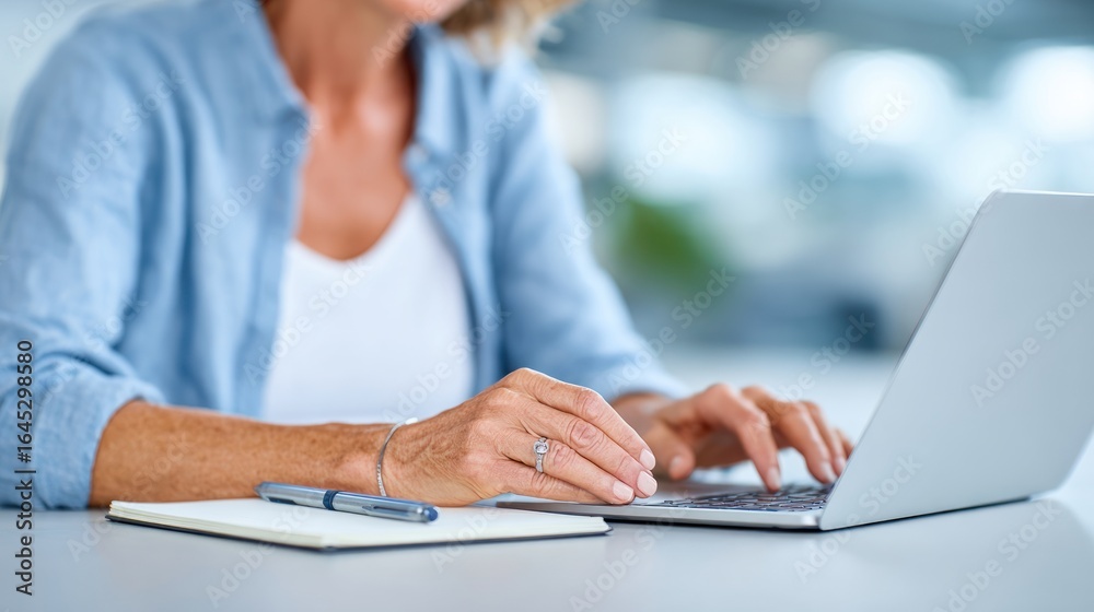 Fototapeta premium A professional woman attentively participates in a business webinar on her laptop, taking detailed notes in her notebook. The setting has natural lighting and a contemporary feel