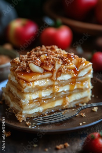 Delicious Layered Dessert With Caramel and Almonds Served on a Rustic Plate S...