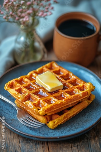 Delicious Waffle With Butter Served on a Blue Plate Next to a Cup of Coffee a...