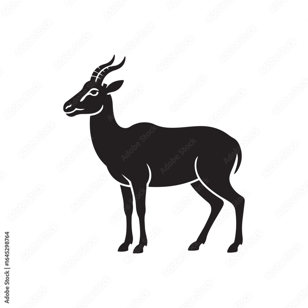 Fototapeta premium Solid Black Saiga Antelope Silhouette with Curved Snout on White Background