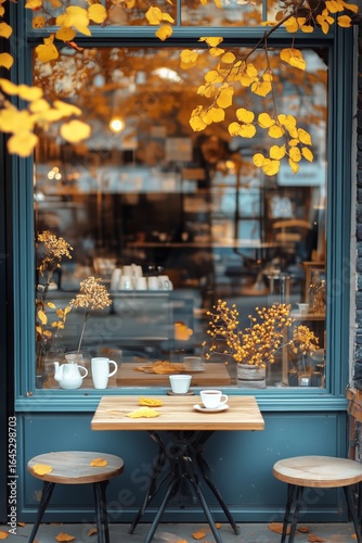 Cozy Cafe Interior With Autumn Leaves and Warm Drinks During a Peaceful After...