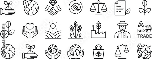 Fair trade, sustainable farming, eco agriculture icons, ethical farming vector set, environment protection, organic produce, green earth line design