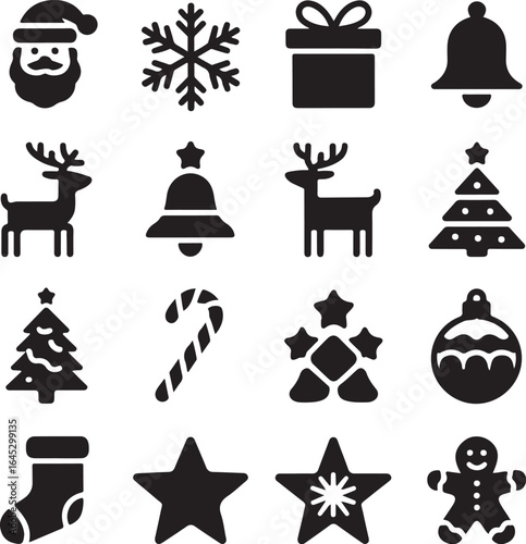 Christmas Silhouette Vector Set  Minimalist Black Holiday Icons with Santa, Trees, Stars, Snowflakes, and Gifts   Editable, High-Quality, Perfect for Stickers, Cards & Merch

