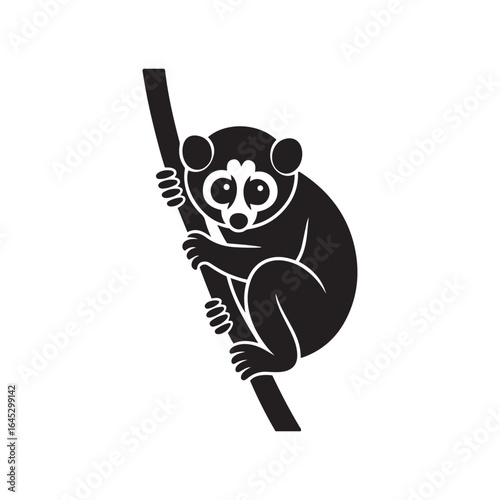 Solid Black Loris Silhouette Clinging to Branch on White Background