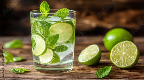 Refreshing Mojito Cocktail With Lime and Mint on a Rustic Wooden Table