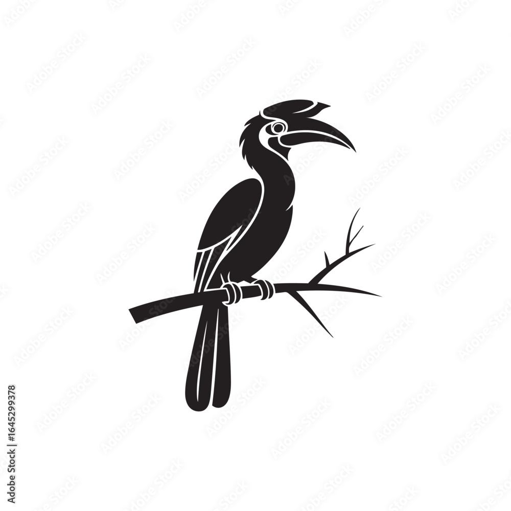Obraz premium Solid Black Hornbill Silhouette Perched on White Background