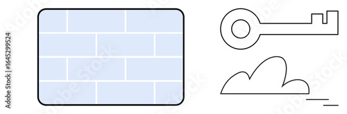 Brick wall obstacle, key symbolizing solutions, cloud representing ideas or goals. Ideal for problem-solving, creativity, innovation, goal setting, determination security motivation. Simple flat