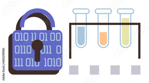 Lock with binary code next to test tubes in a lab setting. Ideal for data security, research ethics, tech, cybersecurity, science, innovation, lab work. Simple flat metaphor