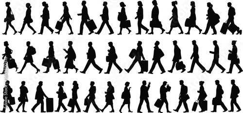 Business people walking silhouette, urban commuters, office workers, city crowd, travel concept, busy lifestyle, professional men, women, carrying bags, daily routine