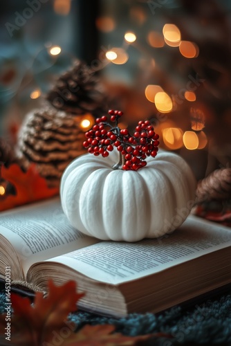 White Pumpkin With Red Berries on Open Book in Cozy Autumn Setting.