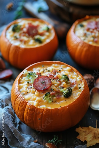 Delicious Pumpkin Bowls Filled With Creamy Soup and Colorful Toppings Ready f...