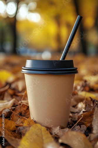 Warm Drink in a Paper Cup on Autumn Leaves During a Cool Afternoon.