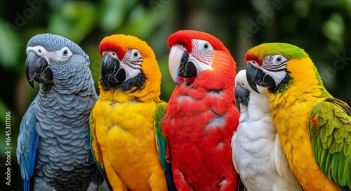 Colorful Parrots Gather Together on a Branch in a Vibrant Tropical Setting Du...