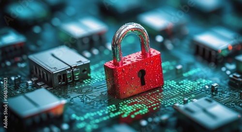 Digital Security With a Red Padlock on a Circuit Board Represents Data Protec...