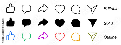Like, comment, and share icon in line design. Love, Thumbs up, speech bubble, and arrow repost Editable stroke, Solid & outline sign symbol
