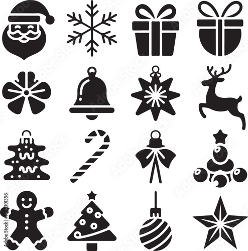 Black Silhouette Christmas Vector Icons Minimalist Holiday Graphic Pack Featuring Santa, Tree, Bell, Star, and Snowflake – Editable High-Quality Design for Stickers & Merch