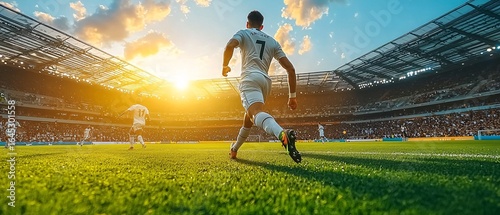 Action-Packed Soccer Match at Sunset in a Crowded Stadium