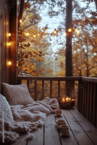 Cozy Autumn Morning on a Covered Porch With Warm Blankets and Soft Lighting