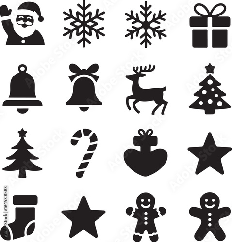 Black Silhouette Christmas Vector Icons Minimalist Holiday Graphic Pack Featuring Santa, Tree, Bell, Star, and Snowflake – Editable High-Quality Design for Stickers & Merch