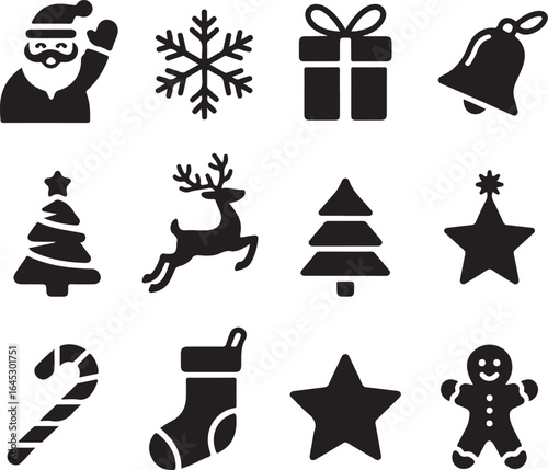 Black Silhouette Christmas Vector Icons Minimalist Holiday Graphic Pack Featuring Santa, Tree, Bell, Star, and Snowflake – Editable High-Quality Design for Stickers & Merch