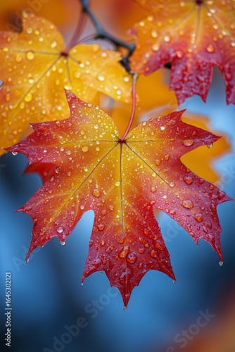 Vibrant Autumn Leaves With Rain Droplets in a Colorful Display During Fall.