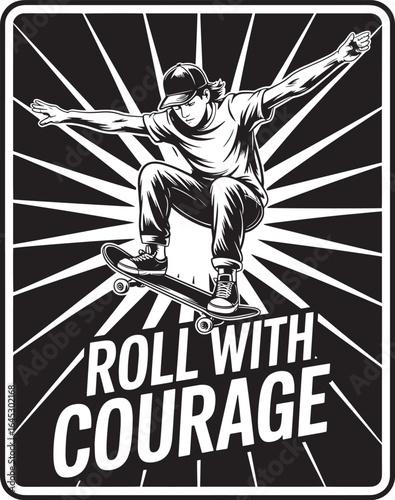 Skateboarder's Courageous Roll Monochrome Illustration with Action Sports Theme and Bold Typography