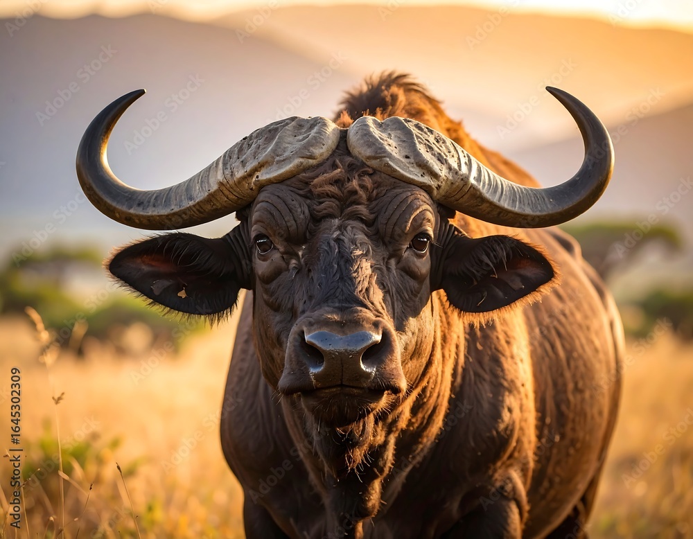 Naklejka premium Close-up of a buffalo at sunset