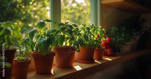 Indoor Garden With Basil and Tomato Plants on a Sunlit Windowsill in the Afte...