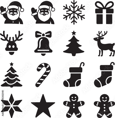 Black Silhouette Christmas Vector Icons Minimalist Holiday Graphic Pack Featuring Santa, Tree, Bell, Star, and Snowflake – Editable High-Quality Design for Stickers & Merch