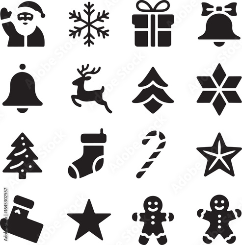Black Silhouette Christmas Vector Icons Minimalist Holiday Graphic Pack Featuring Santa, Tree, Bell, Star, and Snowflake – Editable High-Quality Design for Stickers & Merch