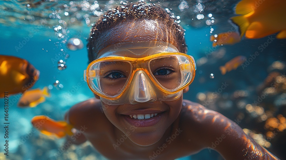 Fototapeta premium Happy Child Swimming Underwater with Bright Tropical Fish and Gear