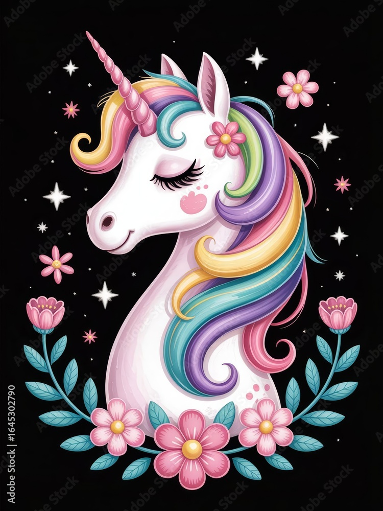 Obraz premium A lovely illustration of a unicorn head with pastel rainbow hair, surrounded by charming flowers and stars on a black background.