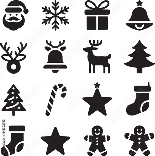 Black Silhouette Christmas Vector Icons Minimalist Holiday Graphic Pack Featuring Santa, Tree, Bell, Star, and Snowflake – Editable High-Quality Design for Stickers & Merch