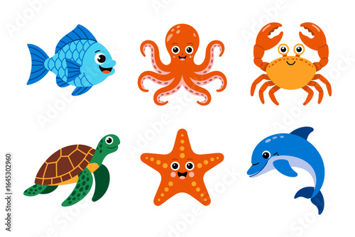 Cartoon sea animals set, fish octopus crab turtle starfish dolphin vector, playful marine illustration, ocean life clipart, preschool education elements