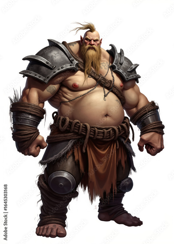 Fototapeta premium Ogre mercenary with towering muscular body, bald head, and single topknot – hulking fantasy brute for old-school tabletop RPG character or monster illustration