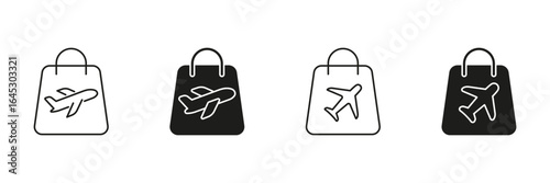 Shopping Bag With Airplane Icon Set. Travel Shopping, Duty-Free Purchases, And Tourism Retail Symbol Collection. Aviation And Commerce Integration. Isolated Vector Illustration