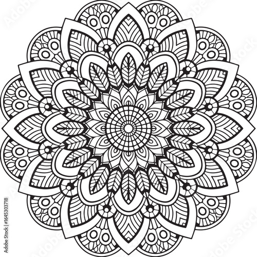 Intricate Black and White mental stretch remove Mandala  drawing with Floral Elements - Hand-Drawn Geometric Art