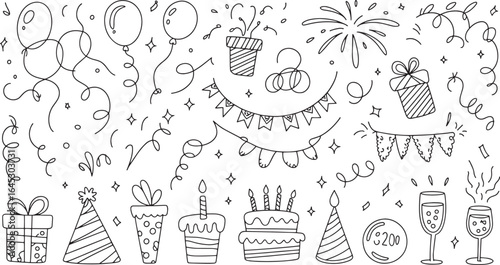 A black and white doodle illustration of birthday party elements and celebration icons scattered randomly