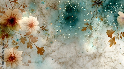 Vibrant and dreamy floral watercolor abstract with delicate blossoms leaves and ethereal textures