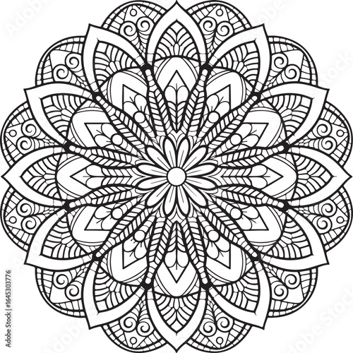 Intricate Black and White mental stretch remove Mandala  drawing with Floral Elements - Hand-Drawn Geometric Art
