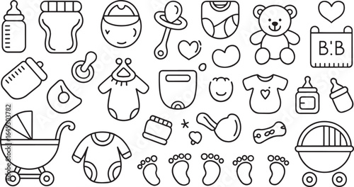 Outlined baby icons including bottle diaper pacifier teddy bear and baby carriage in black and white