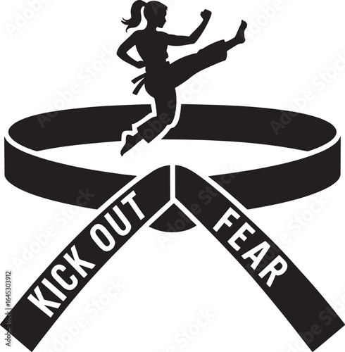 Empowering Martial Arts Woman Kicking Out Fear Black Belt Silhouette on Transparent Backdrop