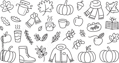 A collection of autumn themed doodle illustrations including pumpkins leaves and warm clothing items