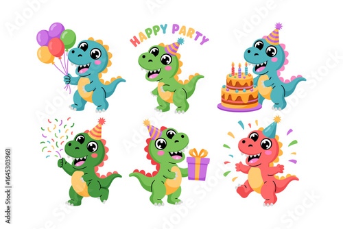 Dinosaur birthday party icons, cute dino with balloons cake and gifts vector, celebration illustration, kids party clipart, birthday design elements
