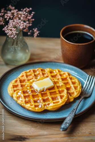 Delicious Waffles Topped With Butter and Syrup Served With Coffee on Wooden T...