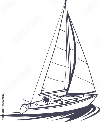 A sleek yacht sails on the blue sea under a summer sky, with a white sailboat on a plain background, representing travel and adventure