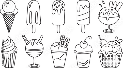 Collection of outlined ice cream treats including cones popsicles and sundaes in black and white